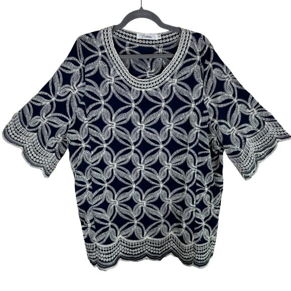 Solitaire Navy Blue White Embroidered Rayon Short Sleeve Pullover Blouse Size 1X - Picture 1 of 7